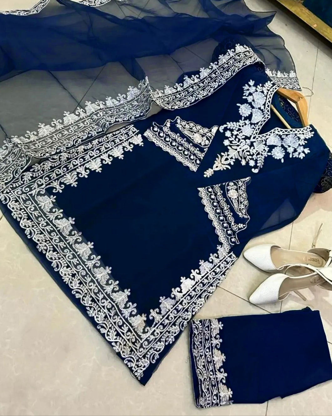 Neck, Sleeves Daman Embroidered with Embroidered Trouser and Dupatta 3PCs