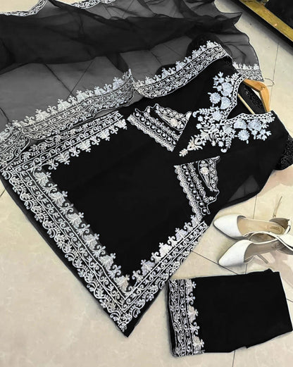 Neck, Sleeves Daman Embroidered with Embroidered Trouser and Dupatta 3PCs
