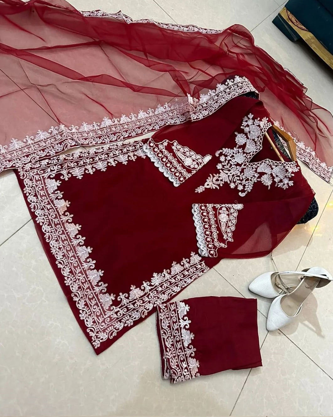 Neck, Sleeves Daman Embroidered with Embroidered Trouser and Dupatta 3PCs