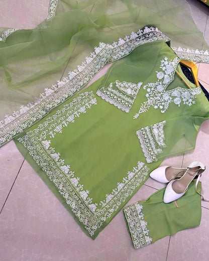 Neck, Sleeves Daman Embroidered with Embroidered Trouser and Dupatta 3PCs