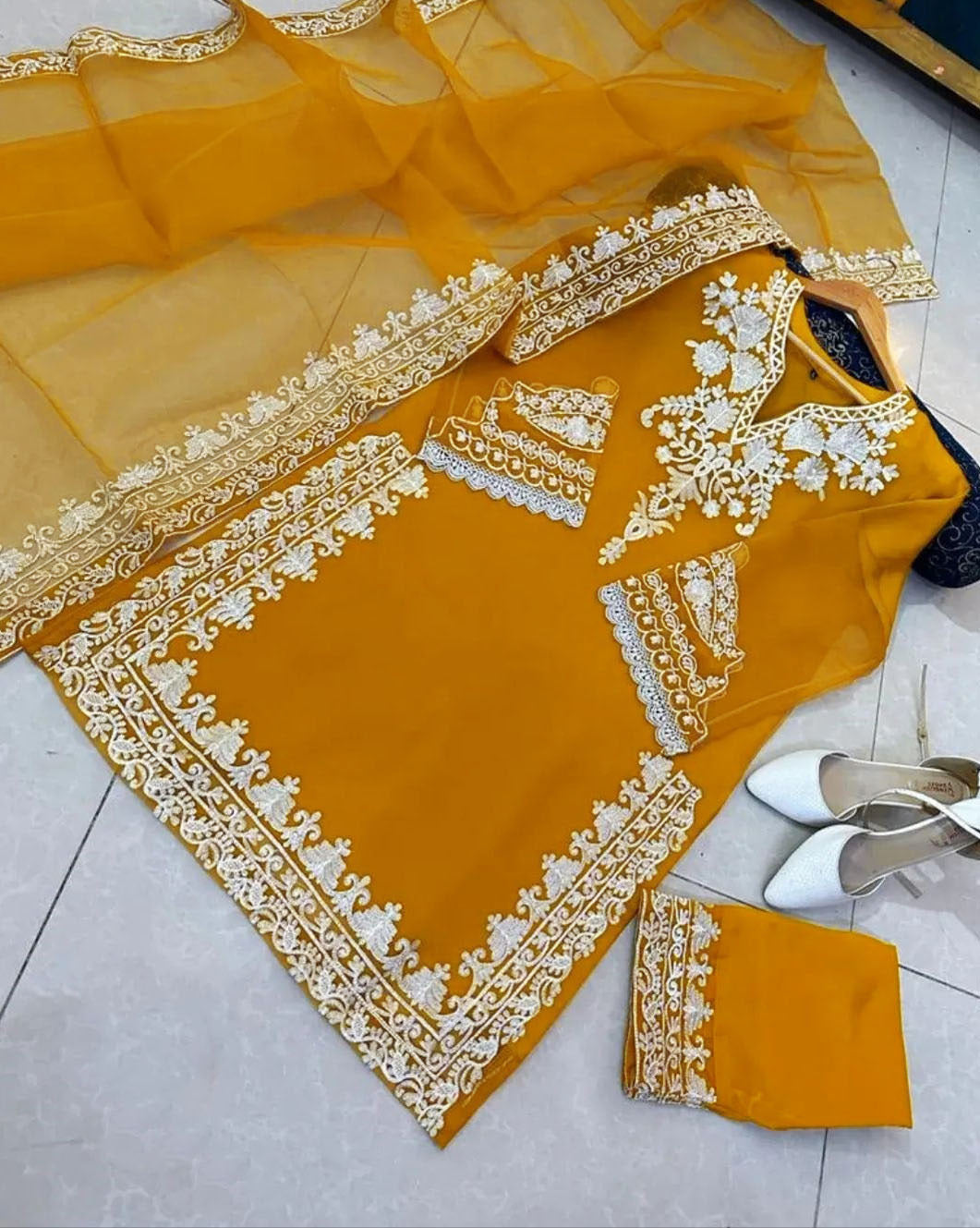 Neck, Sleeves Daman Embroidered with Embroidered Trouser and Dupatta 3PCs