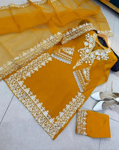 Neck, Sleeves Daman Embroidered with Embroidered Trouser and Dupatta 3PCs